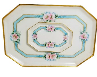 Limoges Porcelain Dresser Set Trays Wild Roses Artist Signed Hollenbach