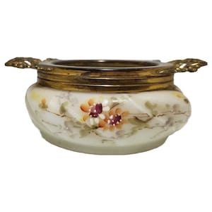 Wave Crest Helmschied Swirl Opal Ware Hand Painted Flowers Open Pin Dish w/Collar & Handles