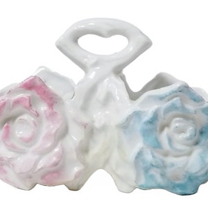 Art Nouveau Porcelain Salt Pepper Caddy Painted Cabbage Roses