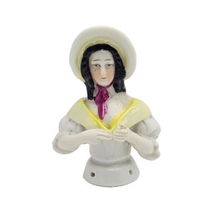 Porcelain Half Doll Pin Cushion Girl in Bonnet Arms Away Made in Germany