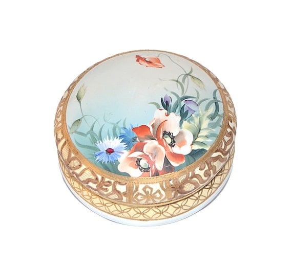 Hand Painted Dresser Jar Box Moriage Gold Poppies Nippon Porcelain
