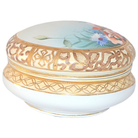 Hand Painted Dresser Jar Box Moriage Gold Poppies… - image 4