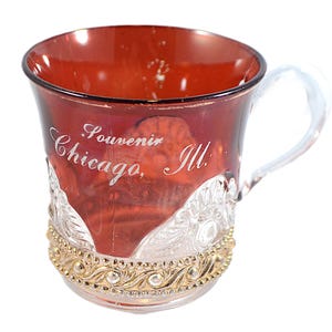 EAPG US Glass Co Ruby Stained Glass Medallion Jewel Souvenir Cup Chicago Ill.