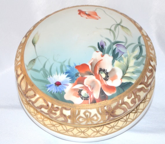 Hand Painted Dresser Jar Box Moriage Gold Poppies