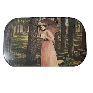 Vintage Paper Covered Dresser Box Victorian Woman Holding Umbrella