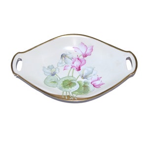 Bavarian Porcelain Hand Painted Signed Scalloped & Double Handle Pink Floral Decoration
