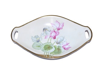 Bavarian Porcelain Hand Painted Signed Scalloped & Double Handle Pink Floral Decoration