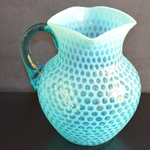 Hobbs Victorian Art Glass Pitcher Windows Honeycomb Pattern Aqua Blue Opalescent Color