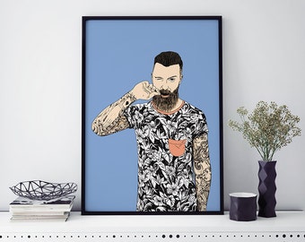 Poster illustration tattooed man, art print, home decor