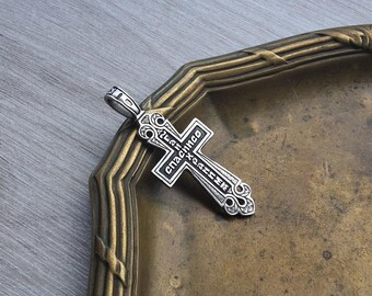 Vintage Orthodox Silver Small Cross Crucifix Words of prayer "Lord, save and preserve me" Religious Jewelry Symbol of faith IC+XC