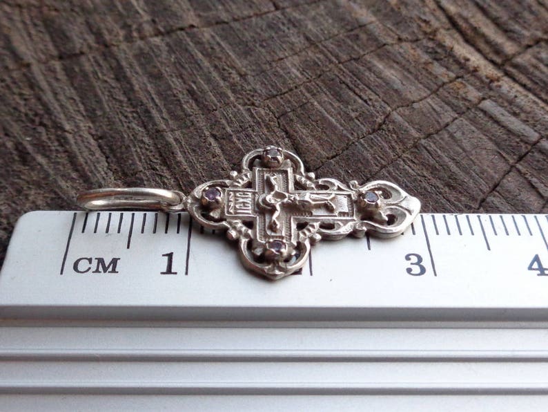 Vintage Orthodox Openwork Small Silvercubic zirconia Crucifixion Virgin Mary Child Jesus Floral ornament Sacramental Religious Symbol IC+XC