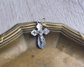 Vintage Orthodox Silver Small Cross Crucifix Words of prayer "Save and Protect" Floral ornament Religious Symbol King of Glory IC+XC