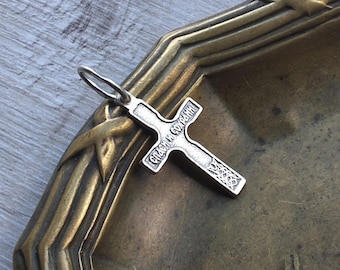 Vintage Orthodox Silver Small Cross Crucifix Words of prayer "Save and Protect" Floral ornament Religious Symbol King of Glory IC+XC