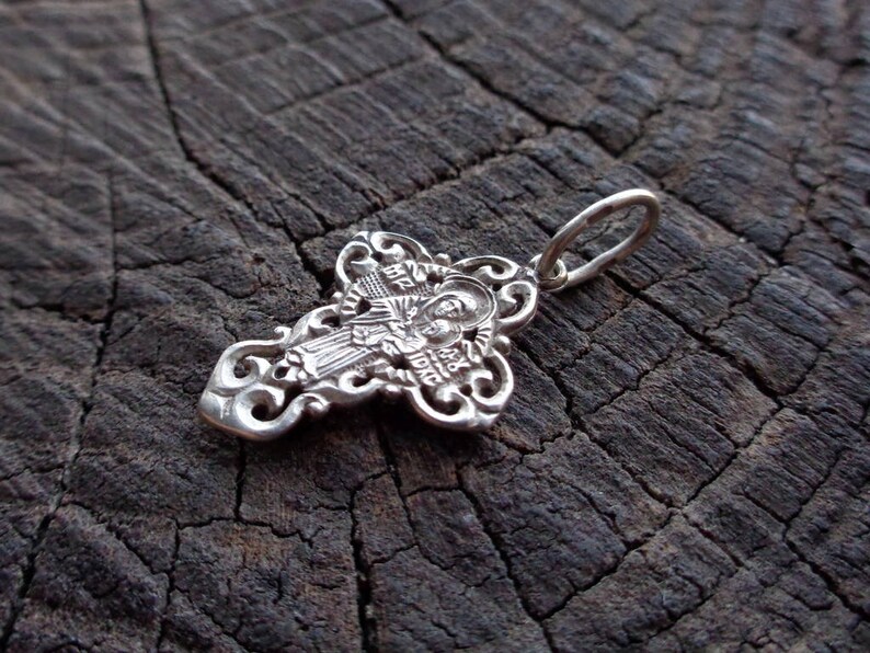 Vintage Orthodox Openwork Small Silvercubic zirconia Crucifixion Virgin Mary Child Jesus Floral ornament Sacramental Religious Symbol IC+XC