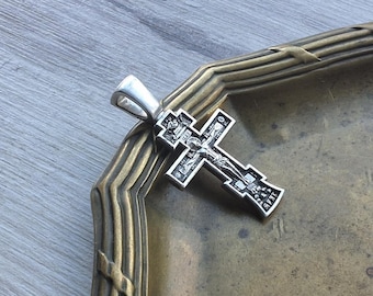 Beautiful Vintage Detailed Orthodox Sterling silver Cross  Crucifixion  "The Lord's Prayer"