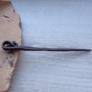 May include: A hand-forged, dark metal hair pin with a decorative swirl at the top. The pin is long and slender, with a pointed end. The background is a light blue-grey wood grain.