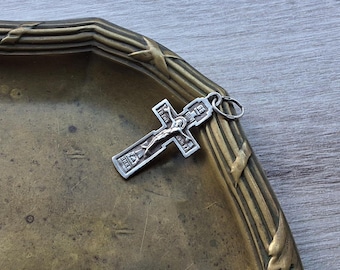 Vintage Orthodox Silver Small Cross Crucifix Words of prayer "Lord, save and preserve me, a sinner." Religious Jewelry Symbol of faith IC+XC