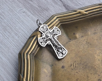 Vintage Orthodox Openwork Sterling Silver Cross Crucifix Words of prayer "Save and Protect" Religious Symbol Christian Religious Jewelry
