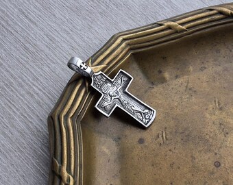 Magnifique croix vintage « Roi de Gloire », paroles de prière tirées du Psaume 68 de David. Bijou chrétien en argent, symbole religieux. INRI IC+XC