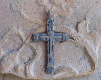 Ancient Bronze Cross Late Middle Ages 17-18th century IC+XC Calvary Authentic Religious relic Symbol of faith Original  patina