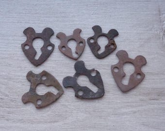 Set of 6 Vintage Escutcheon Keyholes 19th century Antique brass Keyhole Details Elements Plates Old lock Rare original patina  -Gu8-