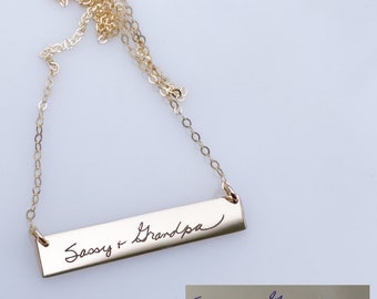 Engraved Gold Bar Necklace: Custom Handwriting Jewelry Gift