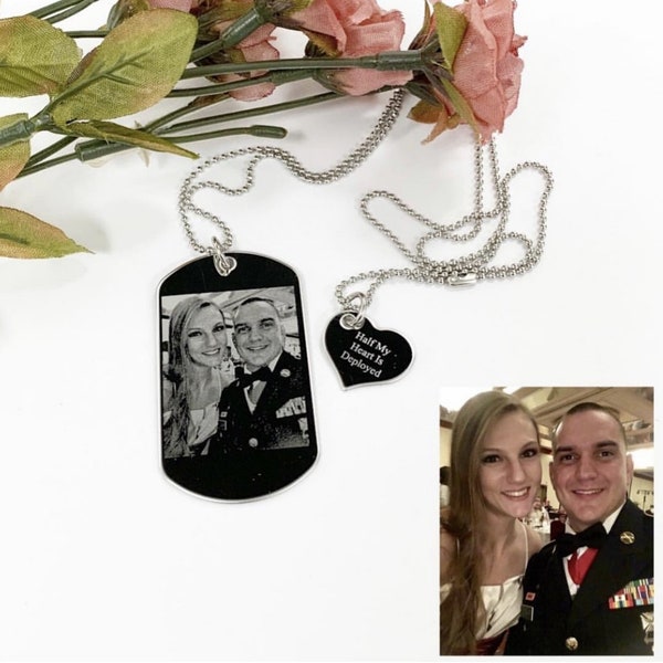 Necklace, Half My Heart is Deployed, Jewelry For Military Wife, Personalized Gift for Boyfriend, Engraved Pictures, Fathers Day Gift