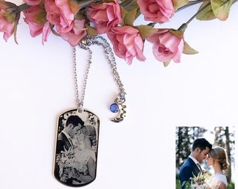 Personalized Photo Dog Tag Necklace: Engraved Picture, Custom Charm