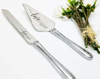 Personalized Wedding Cake Knife and Server Set: Engraved Stainless Steel Cutlery