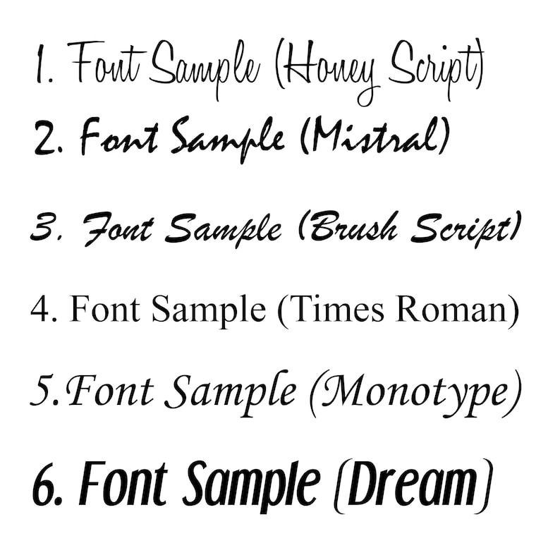 Pode incluir: Em um fundo branco, s&atilde;o exibidas seis amostras de fontes em texto preto. Cada amostra &eacute; numerada e rotulada com o nome da fonte, incluindo Honey Script, Mistral, Brush Script, Times Roman, Monotype e Dream.