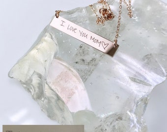 Rose Gold Necklace, Engraved Necklace, Gifts for Her, Customized Jewelry, Handwritten Bar Necklace, Mothers Day Gift