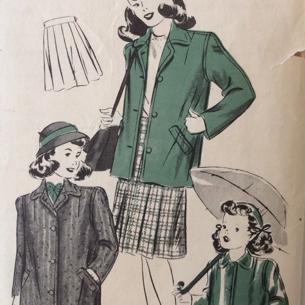 Hollywood 1507, girls coat or raincoat and skirt, size 10, vintage 1940's sewing pattern