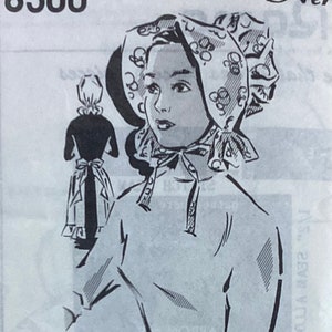 May include: Vintage sewing pattern illustration featuring a woman wearing a bonnet and apron with a floral design. The illustration is in black and white, with the number "8500" and the words "One Size" at the bottom.