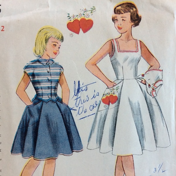 Simplicity 3215, girls sundress and jacket, size 12, bust 30, vintage 1950’s sewing pattern with transfer