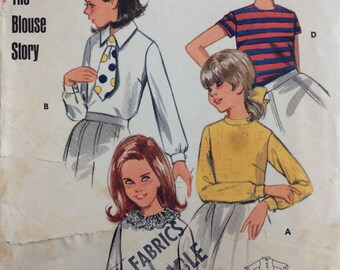 Butterick 4957, girls blouses, size 12, bust 30, vintage 1960's sewing pattern, uncut, factory folds