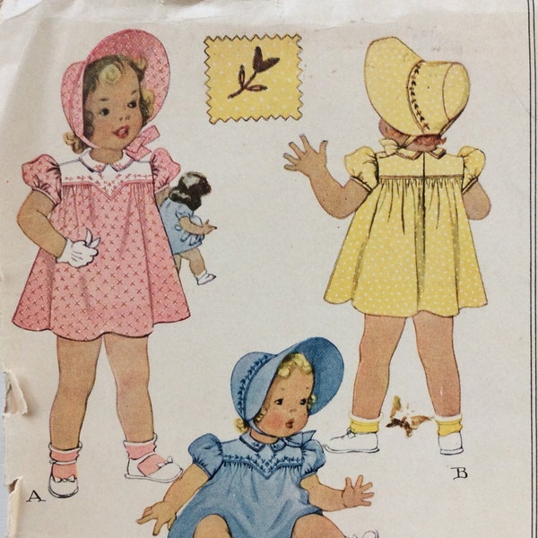 McCall 880, toddler girls dress and bonnet, size 2, vintage 1940's sewing pattern with transfer