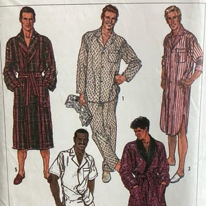 May include: A vintage sewing pattern featuring illustrations of men's sleepwear and robes. The designs include a plaid robe, a dotted pajama set, a striped nightshirt, a short-sleeved pajama set, and a floral robe. The pattern includes the text "OVERLOCK/SERGER".