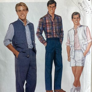 May include: A vintage McCall's sewing pattern featuring three men's outfits. The outfits include vests, shirts, pants, and shorts. The pattern is labeled "the gap" and includes sizing information. The image is a retro style.