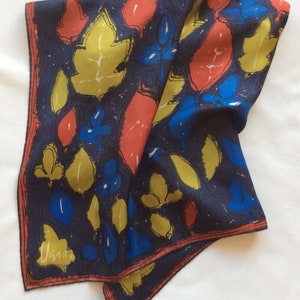 Vera scarf with leaves in blue, red and gold, Square,  Vintage 1960’s