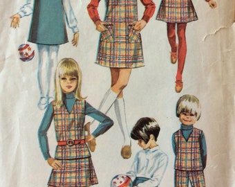 Simplicity 7785, girls jumper or top, skirt and pants, size 6, or size 8, or size 12, vintage 1960's sewing pattern