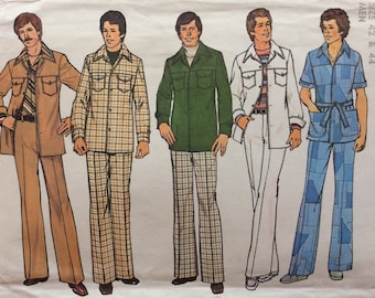 May include: Illustration of five men's fashion ensembles from the 1970s. Outfits include suits, shirts, and pants in various colors and patterns, such as brown, plaid, green, white, and blue. The image includes the text "TWO SIZES MEN 42 & 44".
