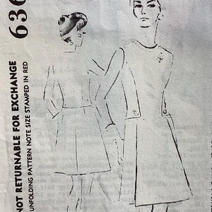 May include: A black and white line drawing of a dress pattern. The pattern is for a dress with a collar and a skirt that falls to the knee. The pattern is labeled "Spadea Designer Pattern" and "63649".