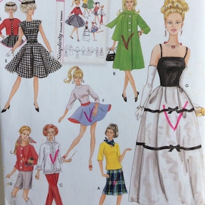 May include: A sewing pattern for 11 1/2 inch doll clothes. The pattern includes a variety of styles, including a dress with a black and white checkered pattern, a green coat, a black and white dress with a white skirt, and a yellow top with a plaid skirt.