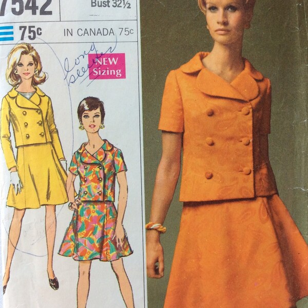 Simplicity 7542 vintage 1960's misses two-piece dress sewing pattern size 10 bust 32.5  Designer Fashion