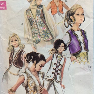 May include: Vintage sewing pattern featuring illustrations of women's vests and tops. The designs include embroidered, fur-trimmed, and button-down styles. The color palette includes white, brown, orange, and purple.