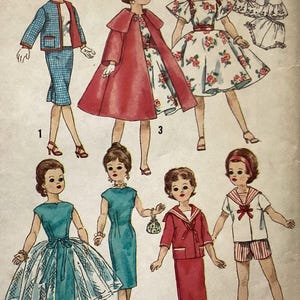 May include: Vintage paper doll fashion illustrations. The image shows six dolls wearing different outfits, including dresses, suits, and a sailor-style ensemble. The color palette includes red, blue, and white, with floral and plaid patterns.