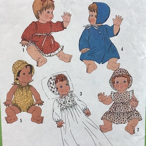 May include: A sewing pattern for doll clothes. The pattern includes five different outfits: a red dress, a blue coat, a white gown, a floral dress, and a yellow jumpsuit. Each outfit is shown on a different doll.