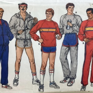 May include: Illustration of athletic wear outfits. The outfits include tracksuits, shorts, and sweatshirts in various colors like blue, red, and gray. Some outfits have stripes and contrasting trim. The image is a vintage design, likely for a sewing pattern.