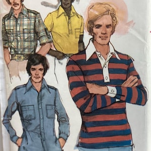 May include: Illustration of men's shirts in various styles. One shirt is blue, another is yellow, and a third is striped in red and blue. The text "ROBERT L. GREEN" is at the top. The size is 42. The text "VIEW B.C. SIZED FOR MODERATE STRETCH KNITS ONLY" is at the bottom.