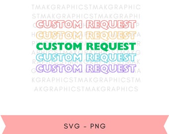 Solicitud personalizada, Texto personalizado, Diseño personalizado, Colores personalizados, Fuente personalizada, Tipo de archivo personalizado.